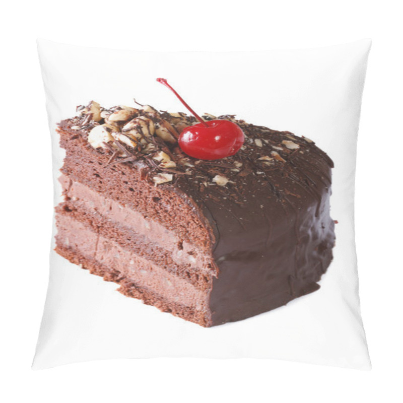 Personality  Piece Chocolate Cake With Cherry Closeup Isolated On White Pillow Covers