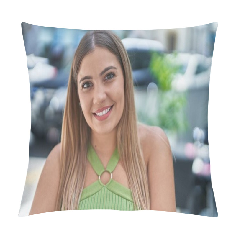 Personality  Young Beautiful Hispanic Woman Smiling Confident Standing At Coffee Shop Terrace Pillow Covers