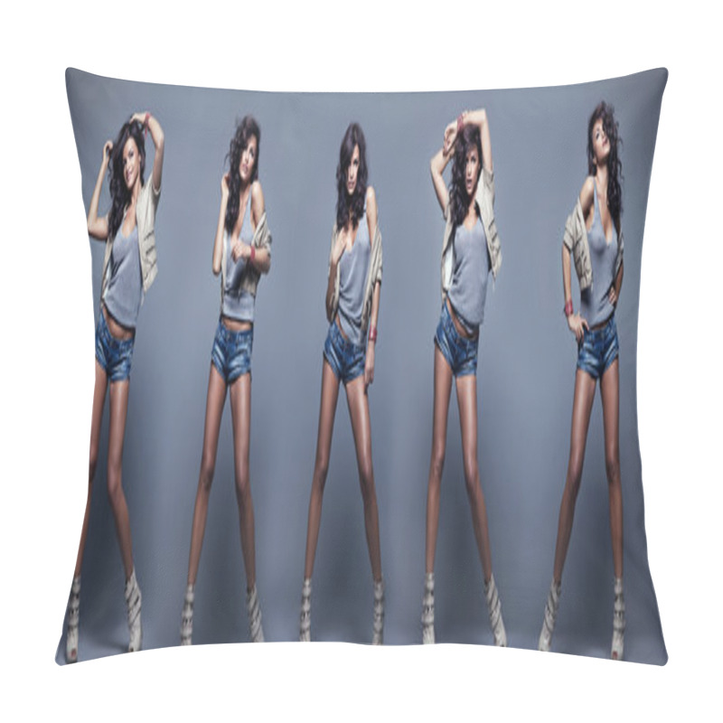 Personality  Collage Of Beautiful Fashion Women Posing On Background Pillow Covers