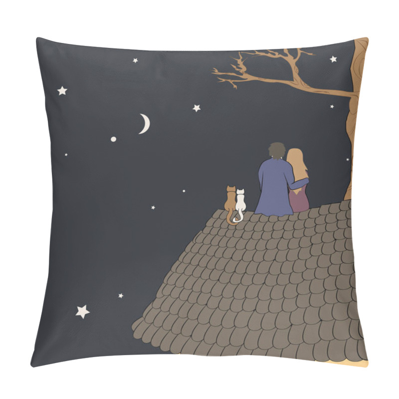 Personality  Hand Drawn Vector Illustration Of Loving Couple Sitting On Roof, Looking At Moon Under Stars In Night Sky With Text Place. Good For Memory Or Valentine Card Design Pillow Covers