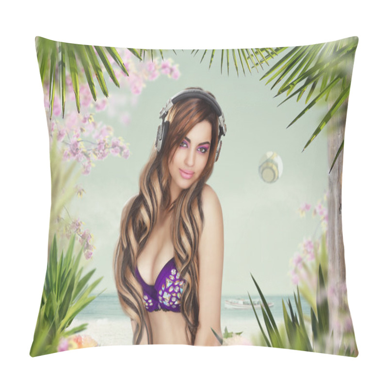 Personality  Hot Woman With Headphones On The Beach Pillow Covers