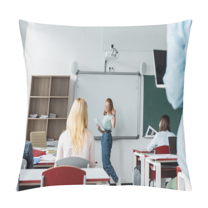 Personality  Smiling Pupil With Notebook Talking Near Erase Board And Classmates  Pillow Covers