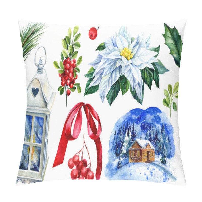 Personality  Festive Set Of Red Bow, Flashlight, Wight Poinsettia Flowers, Mountain Ash Berry, Pine Branch Watercolor Illustration Pillow Covers