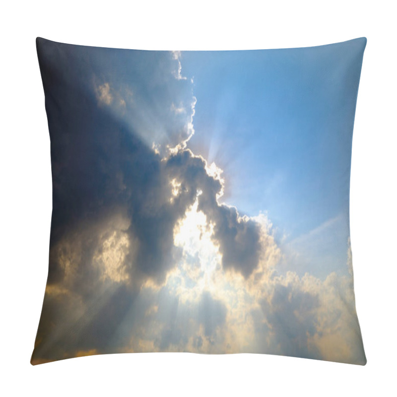 Personality  Sunbeams From The Afternoon Sun Shining Through Storm Clouds With Blue Skies Behind. Pillow Covers