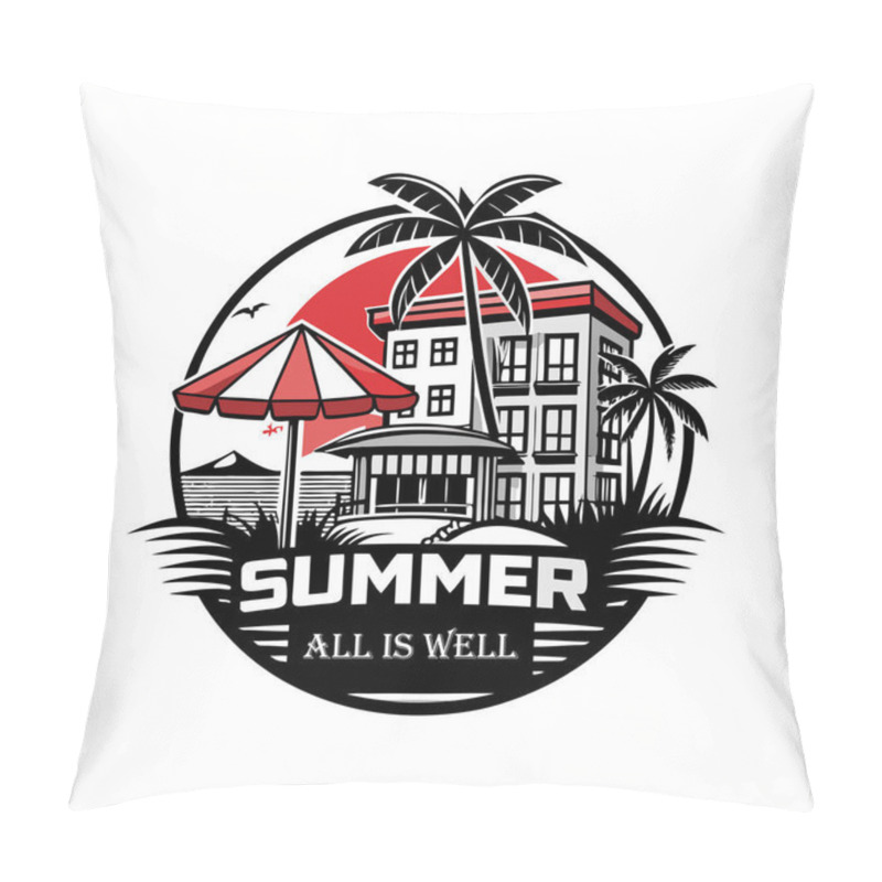 Personality  Summer Vibes Hotel Logo, Palm Tree, Sunshade, And Cityscape In Circle - Perfect For Travel Branding Pillow Covers