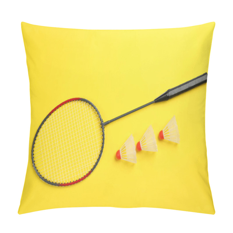 Personality  Racket and shuttlecocks on yellow background, flat lay. Badminton equipment pillow covers