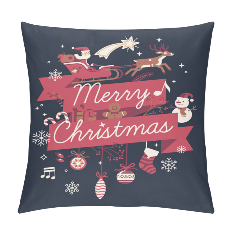 Personality  Lovely Vector 'Merry Christmas' Decorative Composition With Handwritten Greeting, Santa Claus On Sleigh, Snowman, Gingerbread Man, Candies, Gift Box And Other Traditional Winter Holiday Ornaments Pillow Covers