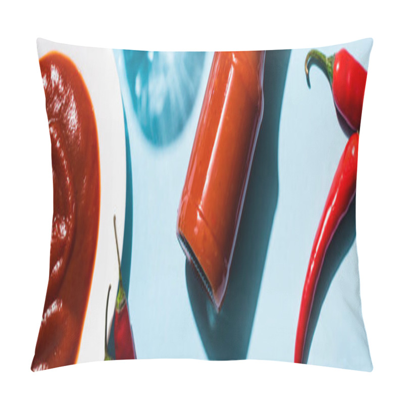 Personality  Top View Of Chili Peppers With Tasty Ketchup In Pale And Bottle On Blue Surface, Panoramic Shot Pillow Covers