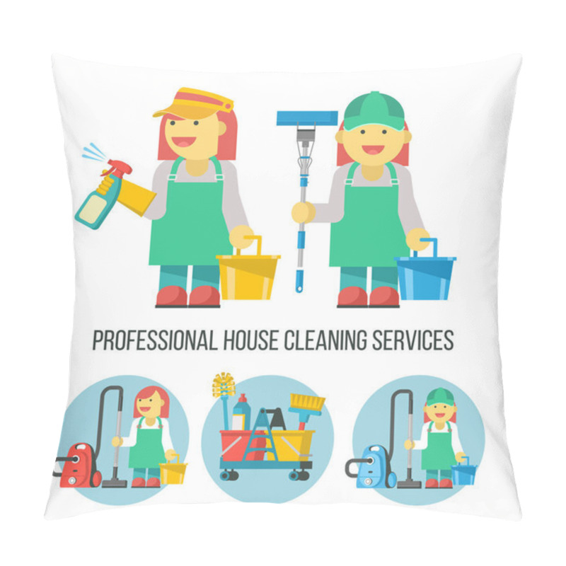 Personality  Cleaning Service. Vector Illustration. Two Professional Cleaners In Overalls. With A Bucket, MOP And Spray Bottle In Hand. Cleaning Icons Set. The Cleaning Lady With The Vacuum Cleaner. Pillow Covers