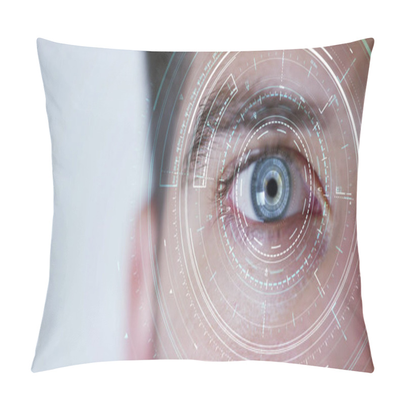 Personality  Blue Eye Macro Implemented With Virtual Reality. Futuristic Vision Of Reality And Concept Of Cyber Technology. Security Sistems Applied To Technology. Concept Of Web Control And Remote Support. Pillow Covers