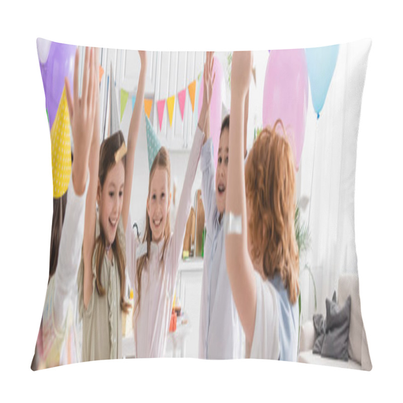 Personality  Happy Kids In Party Caps Dancing Under Falling Confetti During Birthday Celebration At Home, Banner  Pillow Covers