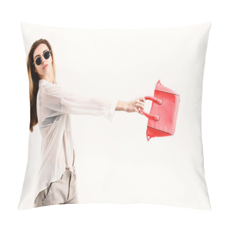 Personality  Girl In Sunglasses With Happy Face Isolated On White Background Pillow Covers