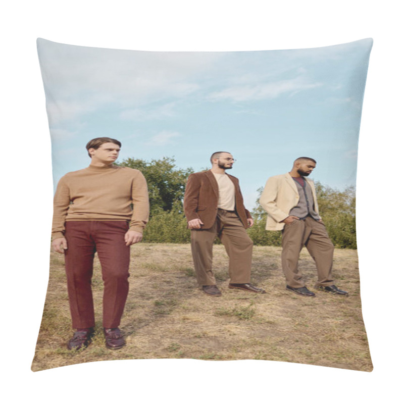 Personality  Fashionable Men Showcase Autumn Styles While Enjoying A Picturesque Day In A Natural Field. Pillow Covers