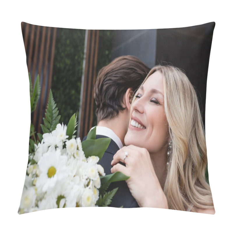 Personality  Cheerful Bride Embracing Groom Near Bouquet Outdoors  Pillow Covers