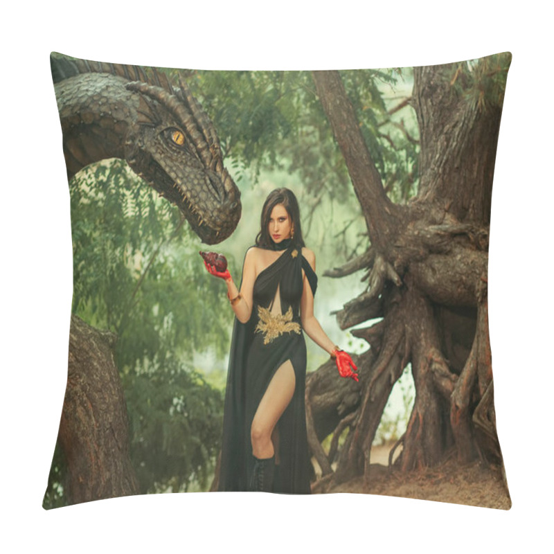 Personality  Fantasy Woman Evil Dark Queen Witch Feeds Dragon With Bloody Hands, Meat. Girl Mistress Tamed Monster, Concept Of Dominance Control. Lady In Black Dress, Fashion Model Creative Design, Golden Jewelry Pillow Covers