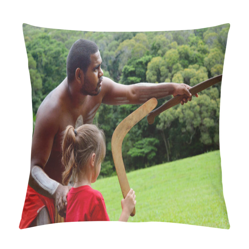 Personality  Aboriginal Australians Man Teaches A Young Girl How To Throw A B Pillow Covers