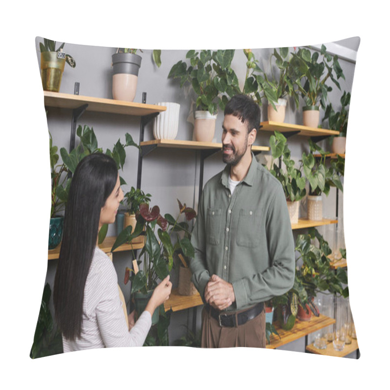 Personality  Professional Florist Engages With A Male Client In A Vibrant, Eco-friendly Shop. Pillow Covers