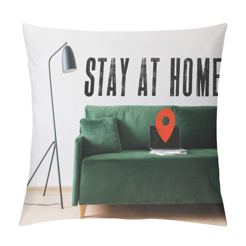 Personality  KYIV, UKRAINE - APRIL 14, 2020: Green Sofa And Laptop With Javascript On Screen Near Floor Lamp And Stay At Home Lettering  Pillow Covers