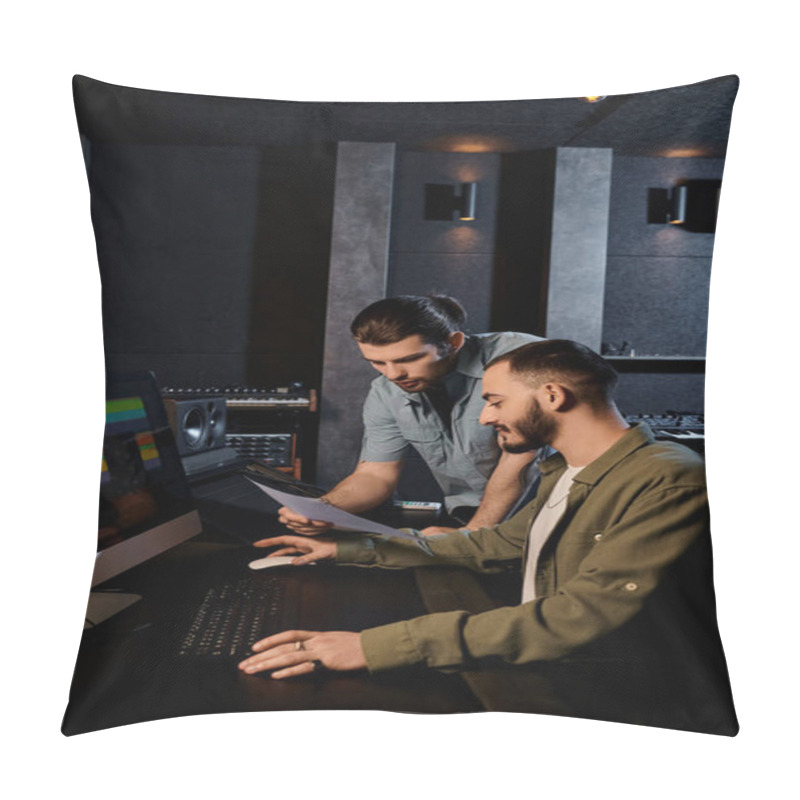 Personality  Two Men In A Recording Studio Intensely Focus On Their Computer Screen During A Music Band Rehearsal Session. Pillow Covers