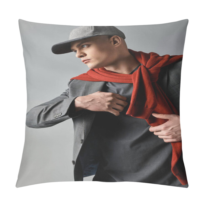 Personality  Charming Young Man Dons A Trendy Outfit While Exuding Confidence In A Sleek Studio Environment. Pillow Covers