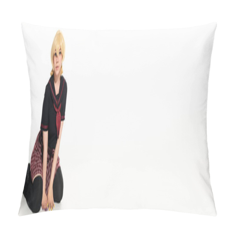 Personality  Artistic Anime Woman In School Uniform And Blonde Wig Sitting And Looking At Camera On White, Banner Pillow Covers