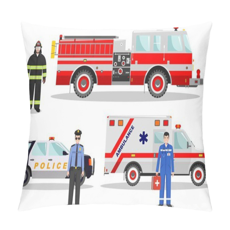 Personality  Emergency Concept. Detailed Illustration Of Firefighter, Doctor, Policeman With Fire Truck, Ambulance And Police Car In Flat Style On White Background. Vector Illustration. Pillow Covers