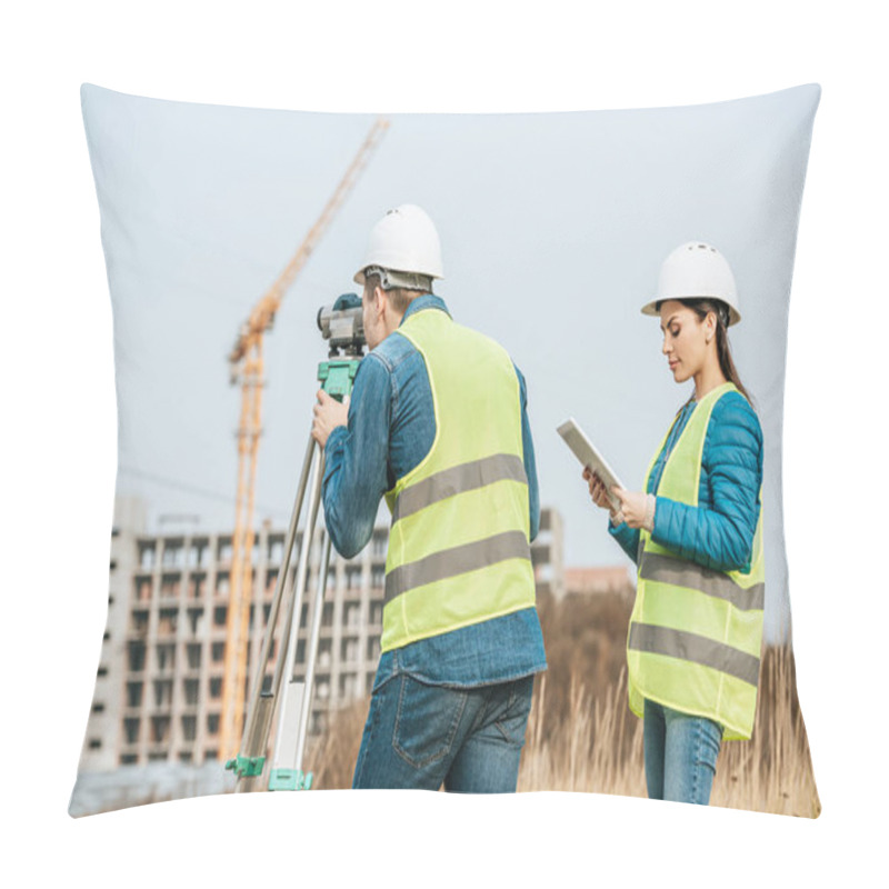 Personality  Surveyors Working With Digital Level And Tablet In Field Pillow Covers