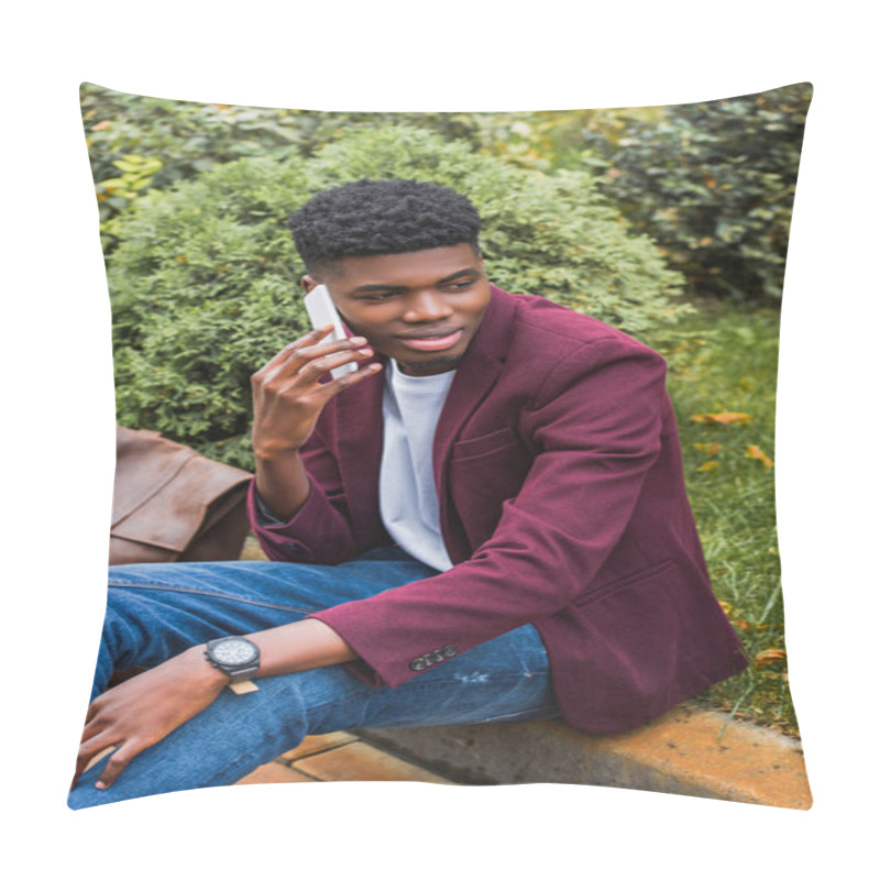 Personality  Smiling Young Man Talking By Phone While Sitting On Curb On Street Pillow Covers