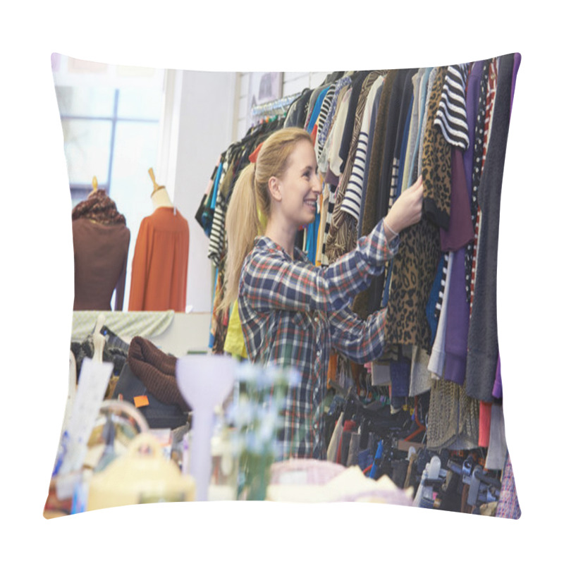 Personality  Female Shopper In Thrift Store Looking At Clothes Pillow Covers