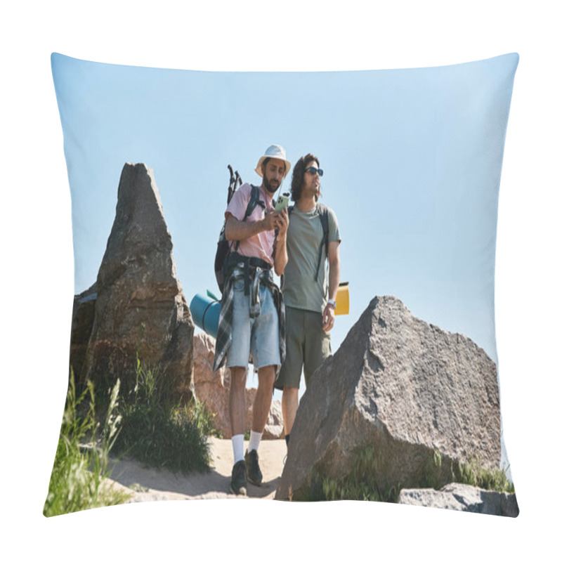 Personality  Two Young Men, A Gay Couple, Hike Together Through A Rocky Wilderness Area On A Sunny Summer Day. Pillow Covers