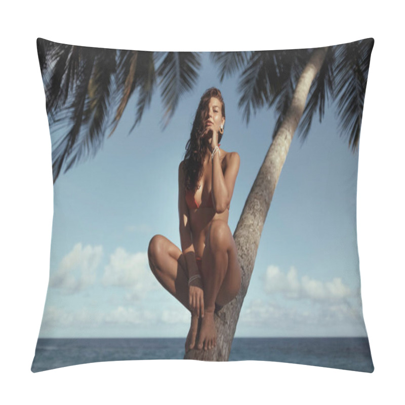 Personality  Elegant Woman In A Red Bikini Sitting On A Leaning Palm Tree With A Serene Tropical Ocean And Blue Sky In The Background. Perfect For Summer, Travel, And Exotic Lifestyle Themes.  Pillow Covers