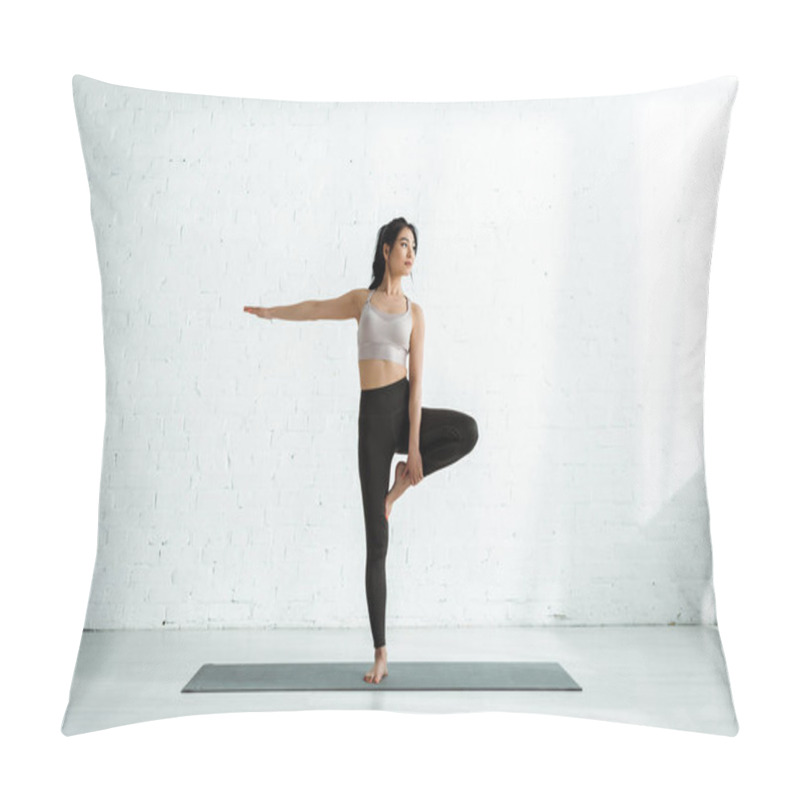 Personality  Brunette Thai Woman Doing Exercise On Yoga Mat Near Brick Wall  Pillow Covers