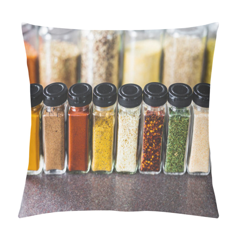 Personality  Spices And Grains In Matching Spice Jars On Kitchen Counter, Simple Vegan Ingredients And Concept Of Flavoring Your Dishes Pillow Covers