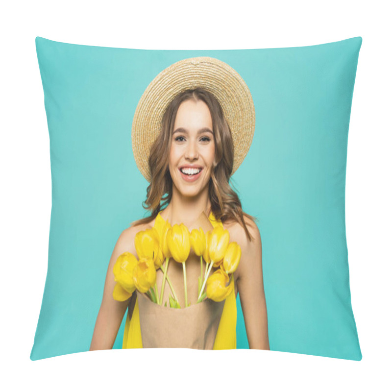 Personality  Pretty Woman In Sun Hat Holding Tulips And Smiling Isolated On Blue  Pillow Covers