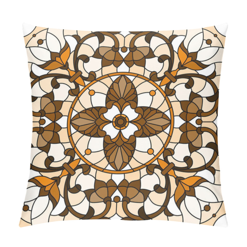 Personality  Illustration In Stained Glass Style With Abstract  Swirls And Leaves  On A Light Background,square Orientation, Sepia Pillow Covers