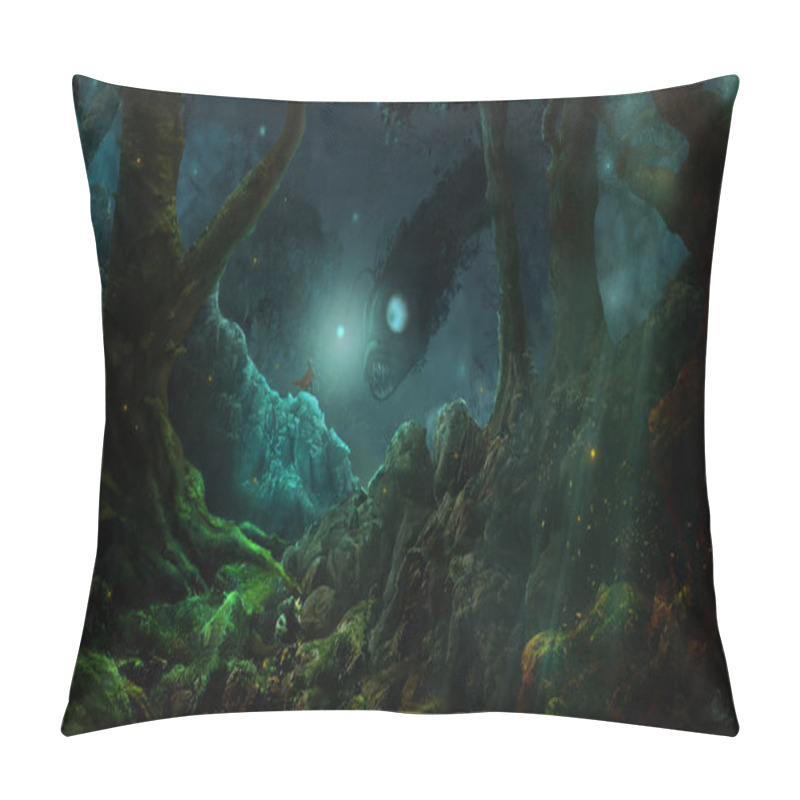 Personality  Dark Woodland Fantasy Landscape Of A Hero Encountering A Monster Pillow Covers