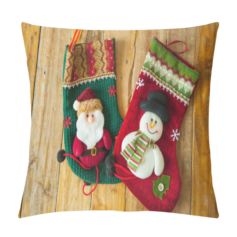 Personality  Christmas Decoration Stocking And Snow Flake Hanging Over Rustic Pillow Covers