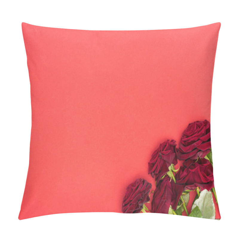 Personality  View From Above Of Bouquet Of Red Roses Isolated On Red, St Valentine Day Concept Pillow Covers