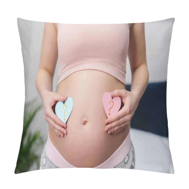 Personality  Cropped Shot Of Pregnant Woman Holding Blue And Pink Hearts With Question Marks Pillow Covers