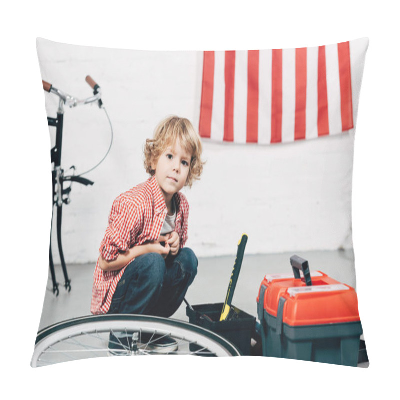 Personality  Adorable Little Boy Sitting Near Tools Boxes Near Disassembled Bicycle At Workshop Pillow Covers