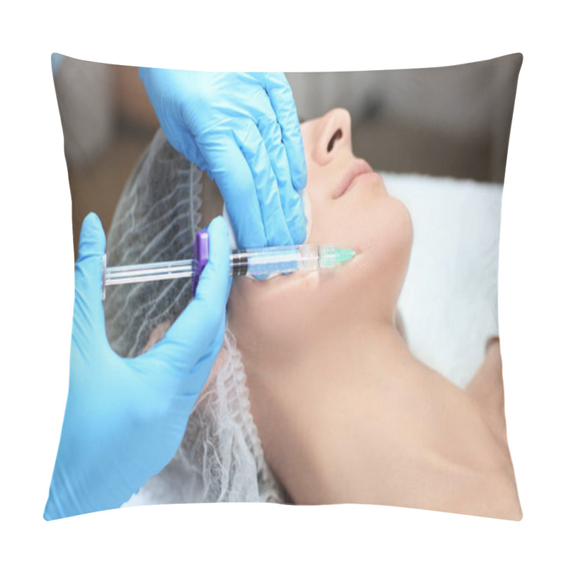 Personality  Beautician Making Injection In Woman's Face, Closeup. Biorevitalization Procedure Pillow Covers