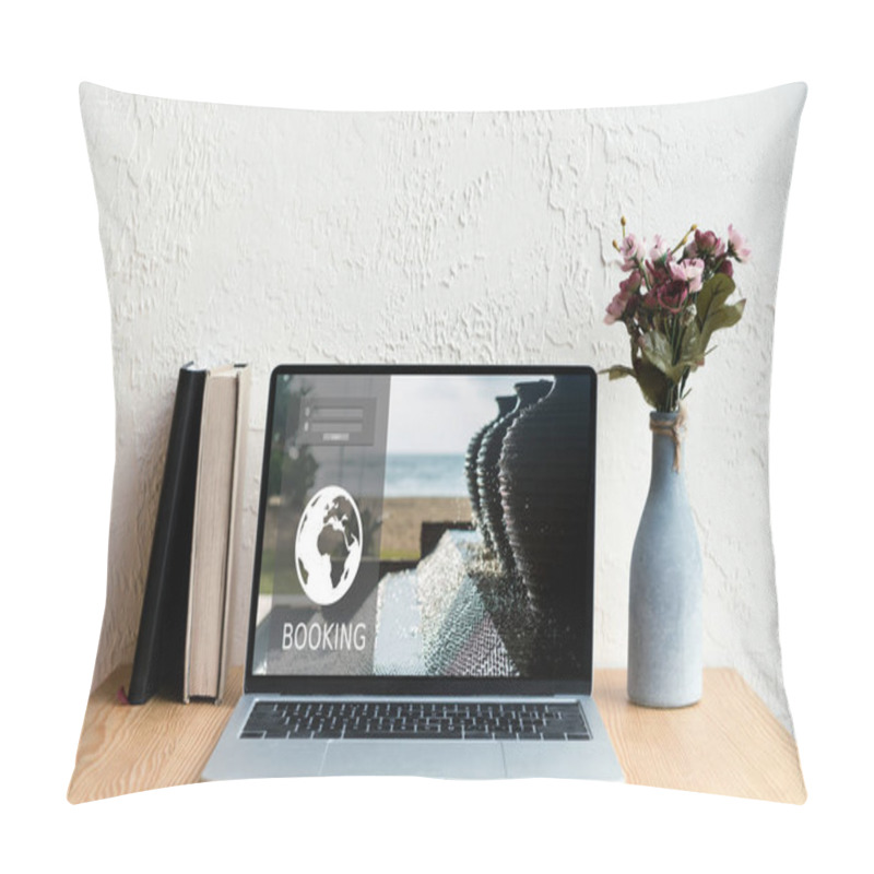 Personality  Laptop With Booking Website On Screen, Books And Flowers In Vase On Wooden Table  Pillow Covers