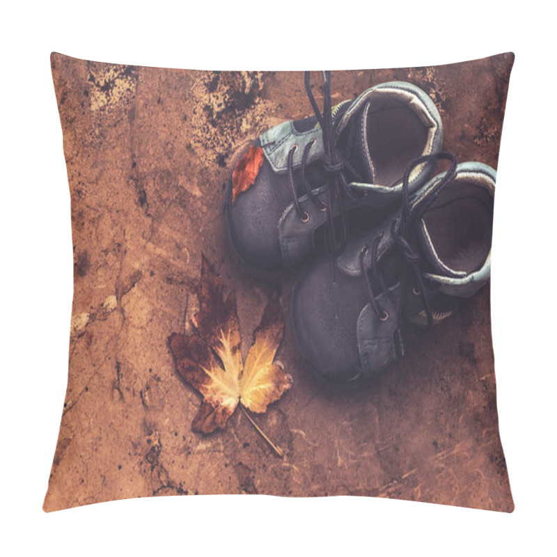 Personality  Little Baby Shoes On The Ground Outdoors, Autumnal Boots With Dry Tree Leaves On It, Warm Seasonal Clothes For Kids Pillow Covers