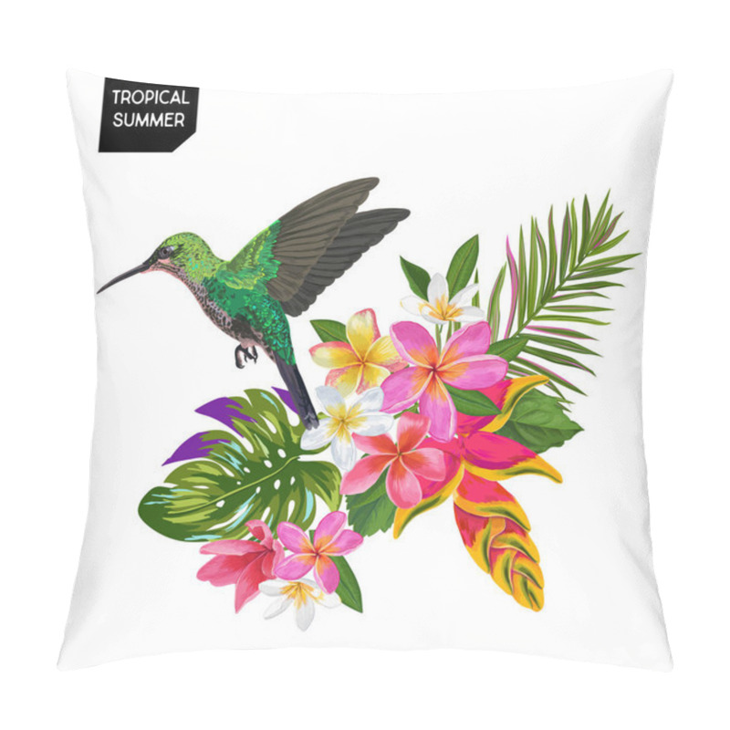 Personality  Summer Tropical Design With Hummingbird And Exotic Flowers. Floral Background With Tropic Bird, Plumeria And Palm Leaves. Vector Illustration Pillow Covers