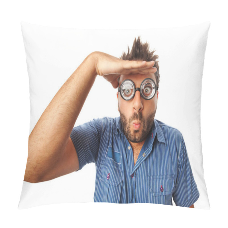 Personality  Man With Funny Expression And Thick Glasses Looking Far Away. Pillow Covers