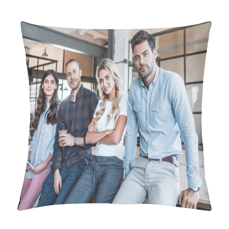 Personality  Professional Young Business People Sitting And Smiling At Camera In Office Pillow Covers