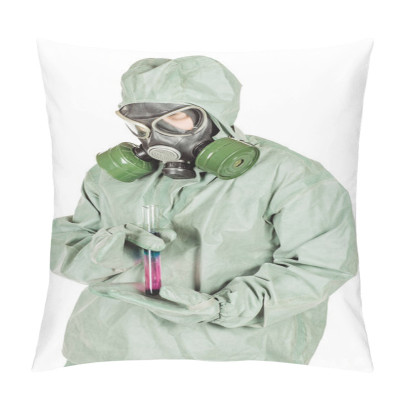 Personality  Man With Protective Mask And Protective Clothes Examines A Water Sample Pillow Covers