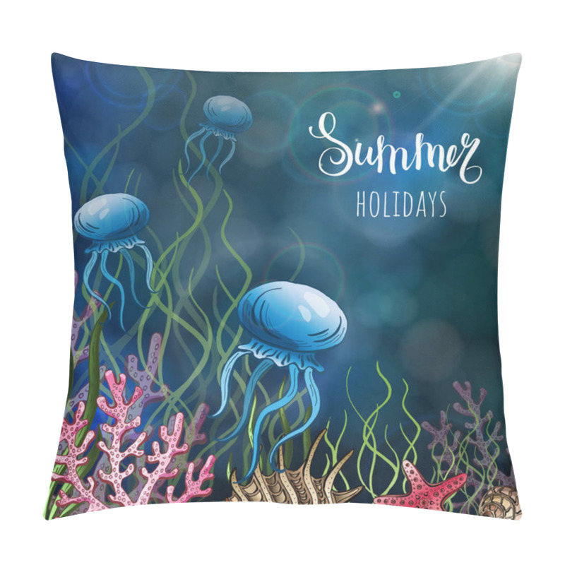 Personality  Composition Of Seashells, Starfish, Jellyfish. Underwater World. Sea Background. Vector Illustration. Pillow Covers