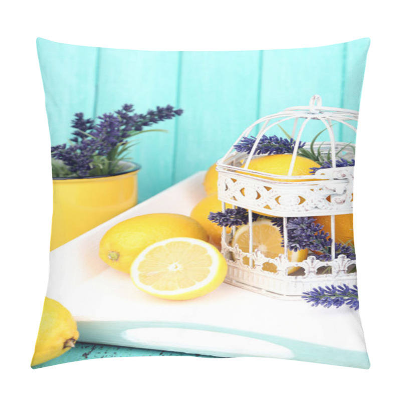 Personality  Still Life With Fresh Lemons And Lavender On Blue Background Pillow Covers