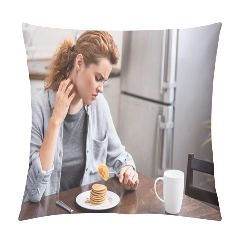 Personality  Attractive Woman With Allergy Scratching Neck While Holding Fork With Pancake  Pillow Covers